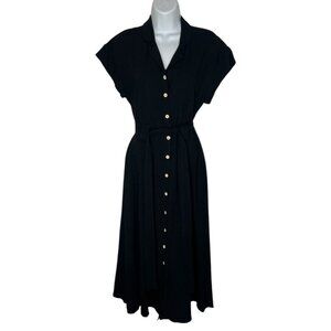 Miou Muse Button Down Flare Dress Shirt Dress Linen Blend Belted Black Small